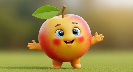 Charming Cartoon Apple Character Waving with a Big Smile on a Sunny Day