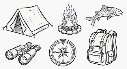 A collection of hand-drawn illustrations depicting essential camping and outdoor adventure gear, including a tent, campfire, fish, binoculars, compass, and backpack.