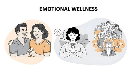 A Triptych Illustrating Emotional Wellness Connection, Mindfulness, and Community Support for Mental Health