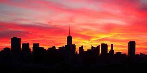 Fototapeta premium City skyline silhouetted against a vibrant sunset sky, buildings sharply defined against the warm hues, night, landscape