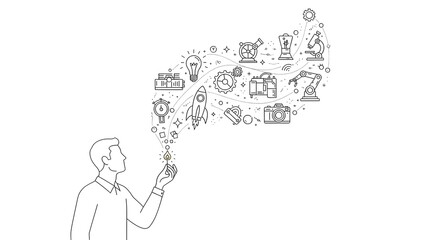 Unlocking Potential Conceptual Line Art Illustrating a Person Generating a Stream of Innovative Ideas, Technologies, and Business Solutions from a Key or Light Source