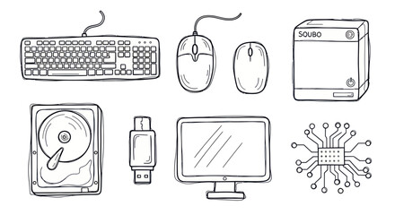 Black and white illustration of computer hardware components and peripherals.