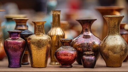 Miniature decorative vases and bottles in various metallic colors