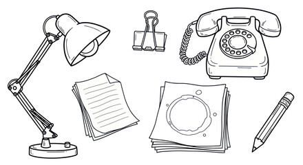 A hand-drawn set of vintage office supplies including a rotary phone, desk lamp, paper, and pencil in a black and white line art style.
