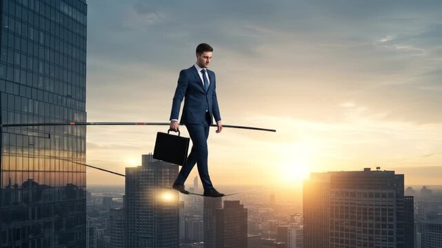 Businessman balancing on tightrope over city buildings sunset backdrop