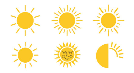 A collection of six different stylized yellow sun icons, each with a unique design for its rays, isolated on a white background.