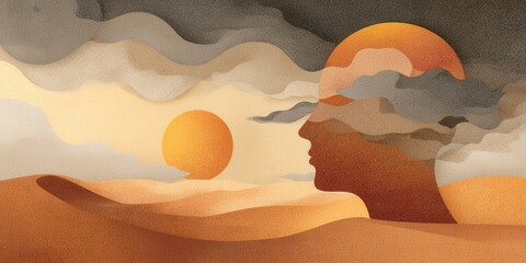 Abstract Human Face Silhouette with Sunset Background