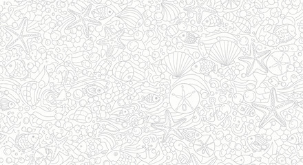 Obraz premium A detailed line drawing of a beach scene filled with various seashells, starfish, and small fish.