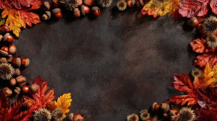 Warmth and texture: a rustic fall scene with leaves, nuts, and cones. Premium quality. Rustic charm with vibrant fall leaves on a dark banner background. Fashion beauty. Modern design.