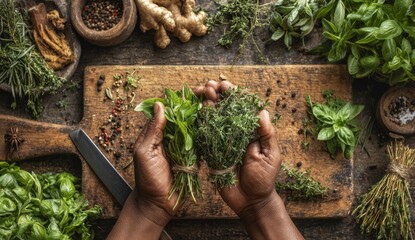 Hands holding fresh herbs over a rustic wooden board.  Various spices and herbs surround the board