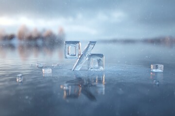 Transparent ice percent symbol on frozen lake. Concept of cold economy, interest rates, winter finance, frozen assets, risk.