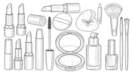 A detailed sketch of various makeup products including lipsticks, mascara, foundation, nail polish, and brushes.
