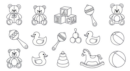 A collection of black and white line art illustrations featuring classic baby toys like teddy bears, rubber ducks, rattles, and blocks.