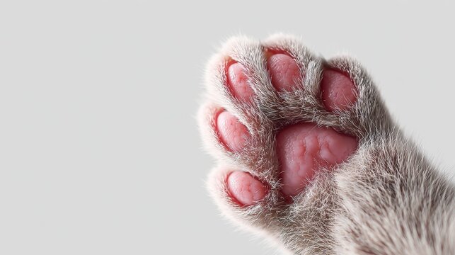 Close-up of a cat's paw with visible pink pads and soft fur against a neutral background