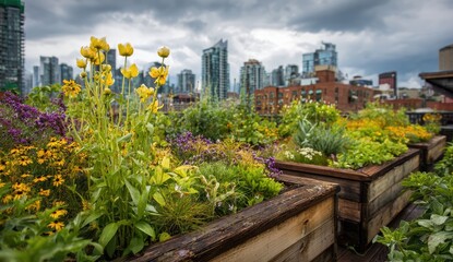 Fototapeta premium Urban rooftop garden bursting with colorful flowers and herbs, overlooking city buildings