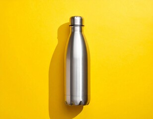 Sleek metallic water bottle casting a shadow on a vibrant yellow background