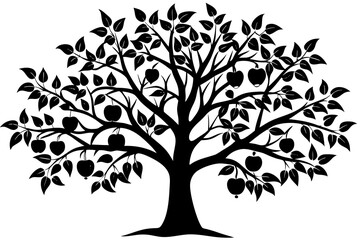 Black silhouette of a fruit tree with apples and leaves