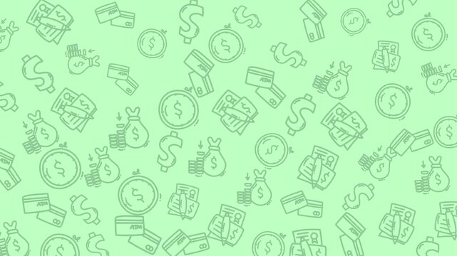 Money bag and dollar sign pattern on green suitable for financial presentations, printables, wallpapers, websites, and businessrelated designs.