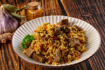 Asian traditional pilaf with beef