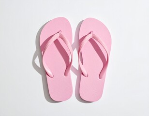 Pair of bright pink flip-flops casting shadows on a clean white surface, suggesting summer and vacation.