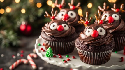 Festive chocolate cupcakes decorated as cute reindeer