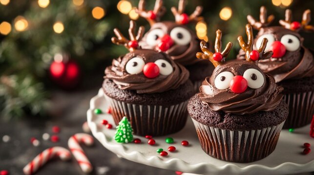 Festive chocolate cupcakes decorated as cute reindeer