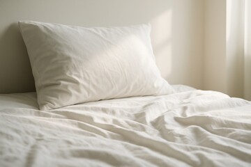 Soft white pillow and wrinkled bed sheets in natural morning light on minimal bedroom background, peaceful lifestyle concept of rest and comfort. Ai generative