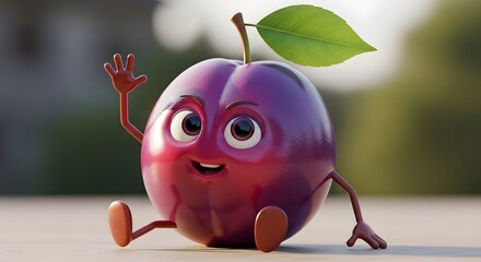 Cartoon Plum Character Cute, Fruit, Mascot, Happy, 3D