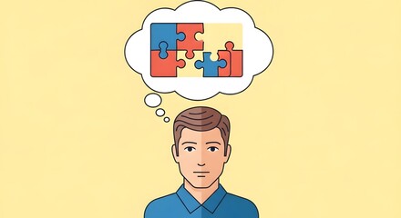 Illustration of a young man contemplating a complex puzzle, symbolizing problem-solving and finding a solution