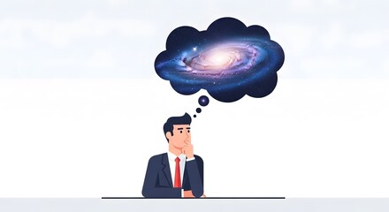 Man in a suit sitting at a desk and thinking about the universe and galaxies inside a thought bubble