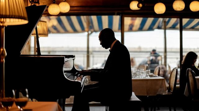 Elegant man playing piano in cafe near seaside, warm atmosphere with natural light and stylish mood.