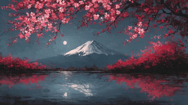 Mount Fuji under a full moon with cherry blossoms reflected in a calm lake - Powered by Adobe