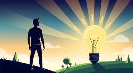 A Man's Gaze on an Idea Illuminating the Path to Success and Inspiration with New Concepts