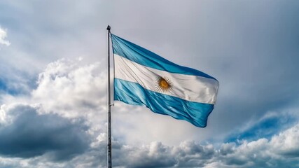 Argentinian flag waving in the wind against dramatic cloudy sky, symbolizing pride, freedom, and national identity. - Powered by Adobe