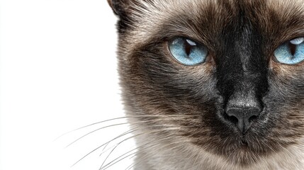 Close-up of a Siamese cat with striking blue eyes and dark facial markings