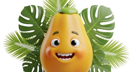 Cheerful 3D cartoon papaya character with a happy smiling face, surrounded by lush green tropical leaves. A vibrant illustration of healthy, fun fruit