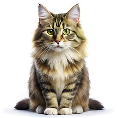 Obraz premium Long Haired Tabby Cat Sitting Front View White Background