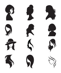 Elegant Female Silhouette Portraits Vector Set.