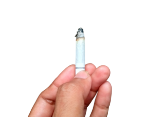 Closeup of Hand Holding a Lit Cigarette with Ash on Transparent Background
