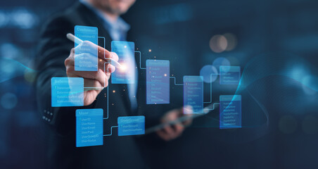 Professional designing relational database structure tables and fields on digital interface,...