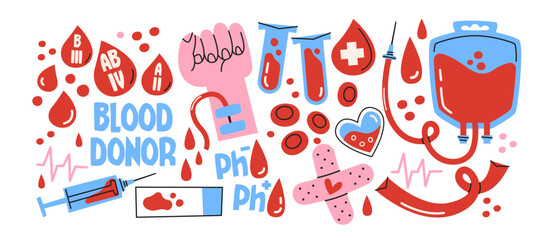 Blood donation icons in retro cartoon. Medical set: blood bag, test tubes, gloves, syringe, drop, clipboard. Healthcare support concept, illustration in funky, doodle style. stickers set.