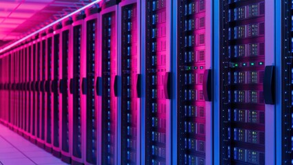 Obraz premium Modern server room with vibrant pink and blue lighting showcasing data processing and cloud infrastructure for innovative tech company solutions