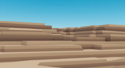 Stylized desert landscape with layered rock formations and clear blue sky