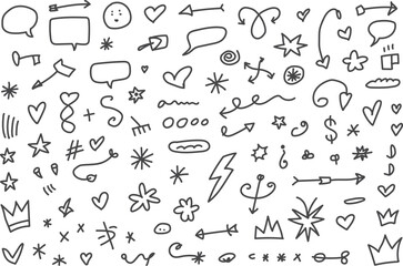 Hand Drawn Doodle Elements Collection, Sketch Arrows, Hearts, Stars, Crowns, Speech Bubbles, Abstract Line Art, Vector Illustration