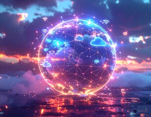 Obraz premium network sphere with floating data streams, icons of cloud, Wi-Fi, and connections around it