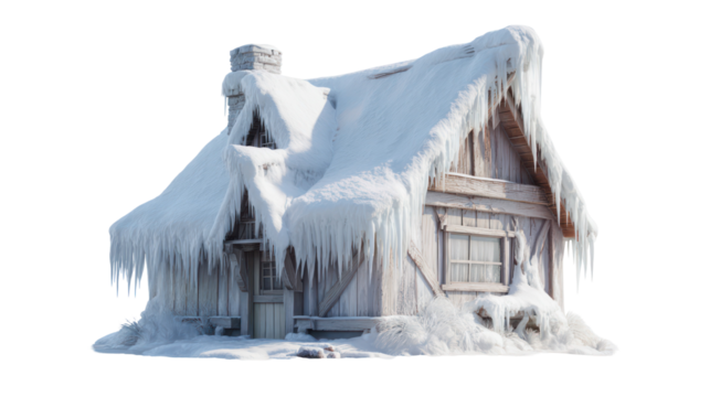 Frozen wooden cabin covered in thick ice and snow isolated on transparent background
