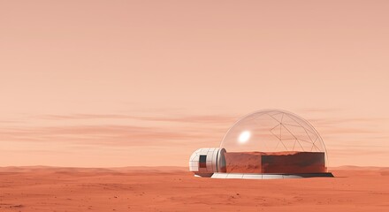 Futuristic dome structure on mars surface with cloudy sky and sunlight