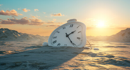 Surreal time: Melting clock in a dreamlike landscape at sunset or sunrise