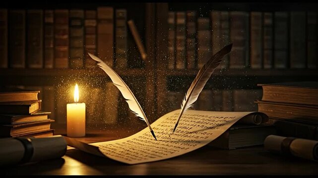 Candlelight scene with feather pen old books and scrolls on a wooden table