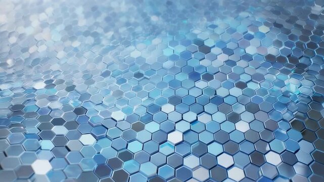 A close-up shot reveals a textured surface composed of hexagon tiles in varied blue hues